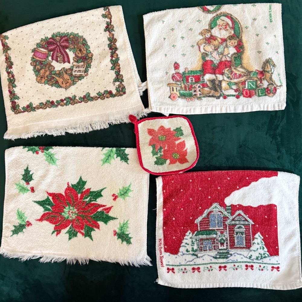 Vintage Christmas Kitchen Towel and Potholder Lot Sears Terry Cloth Poinsettia